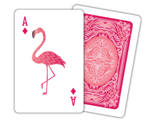 Baby bridge sized cards, flamingo front with standard pips, back card shows off an intricate pink design to match with white border.