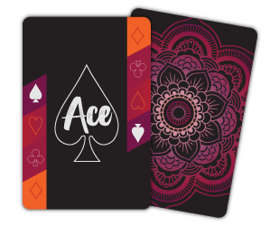 Baby bridge sized cards, black background with strong pinks and oranges, mandala design.