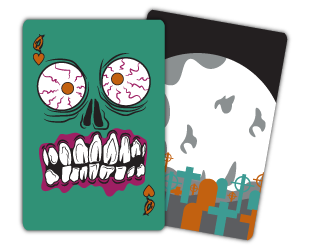 Baby bridge sized cards, halloween themed zombie deck, metallic colours including green, silver and orange.