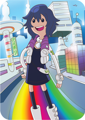 cartoon art style, exuberant child standing in futuristic city with rainbow road