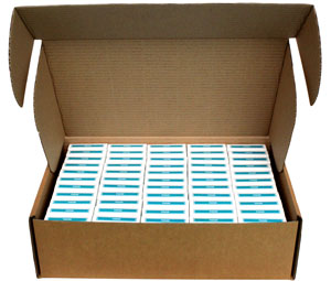 packs of playing cards in a cardboard box