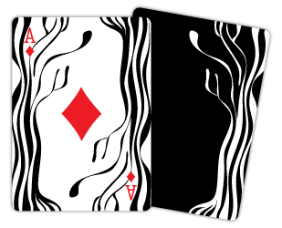 Monochromatic design featured on plastic playing cards. This design contrasts between a white front and a black card back.